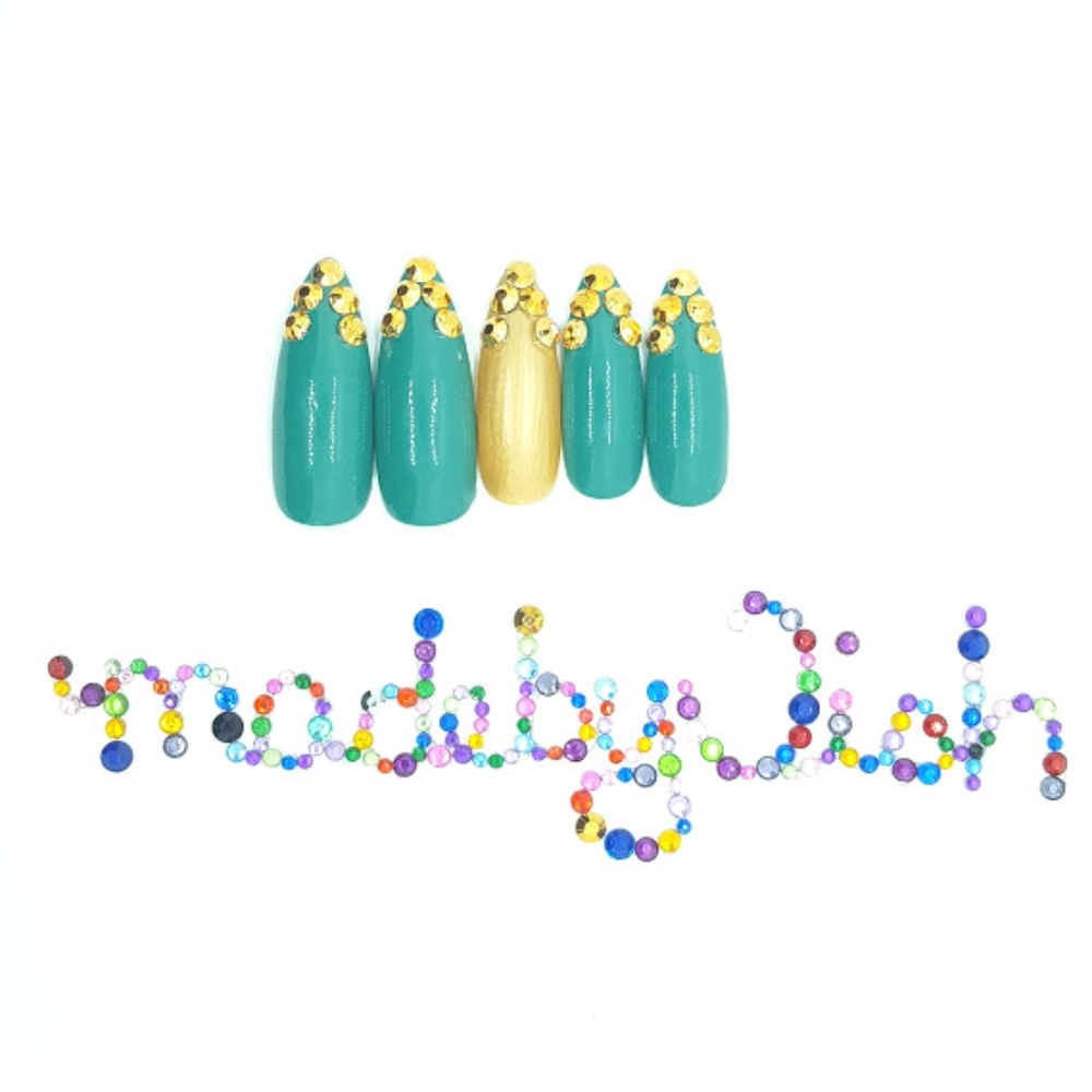 Teal Blue Gold Rhinestone Stiletto Press On Nails